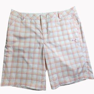 Puma Men’s 40 Plaid Golf Shorts Orange White Performance Flat Front New